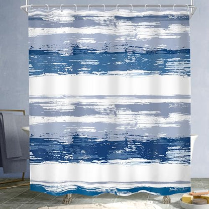 Abstract Navy Blue Modern Gray Striped Neutral Bathroom Shower Curtain Set | 60Wx72H Geometric Watercolor design, waterproof HD print with fast-drying fabric and 12 hooks. - color: B1-navy Blue, size: 60"W x 72"L (Pack of 12)