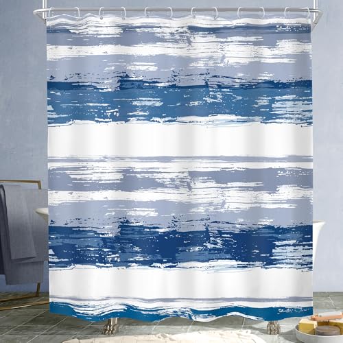 Abstract Navy Blue Modern White Gray Striped Bathroom Shower Curtain Set | 72Wx72H Watercolor Painting design, waterproof HD print with fast-drying fabric and 12 hooks. - color: B1-navy Blue, size: 72"W x 72"L (Pack of 1)