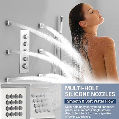 Luxury Thermostatic Rain & Waterfall Shower System with 22” Rain Shower Head & 6 Body Jets, Wall Mounted Shower Faucet Sets with Handheld Sprayer, 3/4” Inlet Thermostatic Valve - color: Brushed Nickel