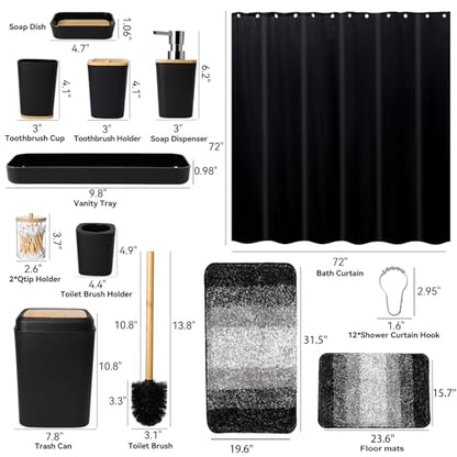 XLHOMO 24PCS Bathroom Sets with Shower Curtain and Rugs,Black Bathroom Accessories Set Waterproof Black and White Shower Curtain Set, Toilet Brush, Trash Can & Bathroom Rug - size: Bath Set+Shower Curtain+Bath Rugs, style: Black6