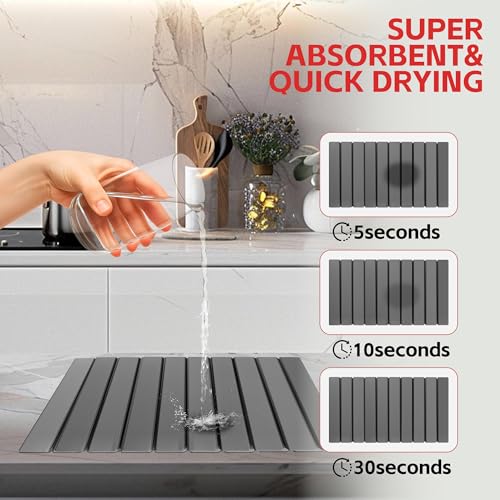 Stone Drying Mat For Kitchen Counter 24"x16" Foldable Super Absorbent Non-Slip Diatomaceous Earth Quick Dry Mat Matches Any Countertop Base for Dishes Cups Utensils Foldable Design Fast