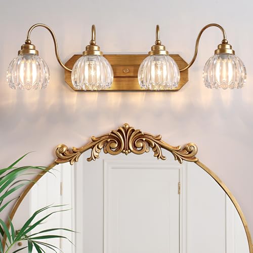 Vintage Gold Bathroom Light Fixtures,4 Light Tulip Crystal | Brushed Gold Vanity Lights,Matte Antique Brass Finish, Mid Century Style,Wall Sconces for Bedroom,Hallway, Easy to Install - color: Gold, size: 4-Light