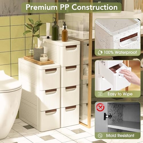 4 Drawers Narrow Bathroom Storage Cabinet, Slim Storage Cabinet, Plastic Slim Storage Cart Drawers for Small Spaces, Laundry, Office, Home, White - size: 4 Tiers