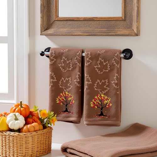 2 Pack Fall Hand Towel Jacquard Embroidered Cotton Kitchen Towels Farmhours Thankful Bath Towels Set Thanksgiving Bathroom Decor (Brown Tree of Life, 2*Hand Towel) - color: Brown Tree of Life