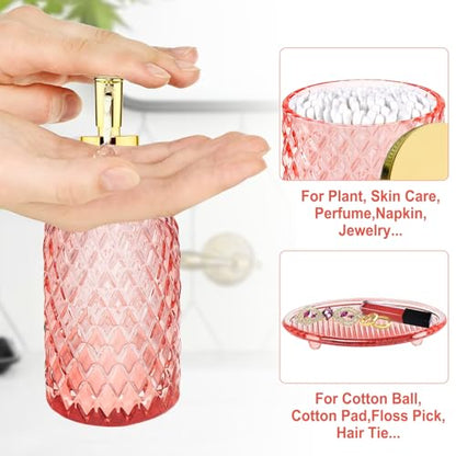 Haturi Glass Bathroom Accessories Set, Light Pink Bathroom Set, 4 Pcs | Kit w/ Bathroom Soap Dispenser Set, Toothbrush Holder, Qtip Holder, Vanity Tray, Pink Bathroom Decor, Gift for Home Apartment - style: Light Pink