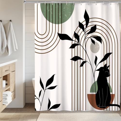 Mid Century Modern Shower Curtain, Minimalist Boho Chic Cat with Leaves Shower Curtains for Bathroom, Sage Green Black Waterproof Polyester Fabric Shower Curtain Set with Hooks, 72 x 72 inches - color: Brown Black