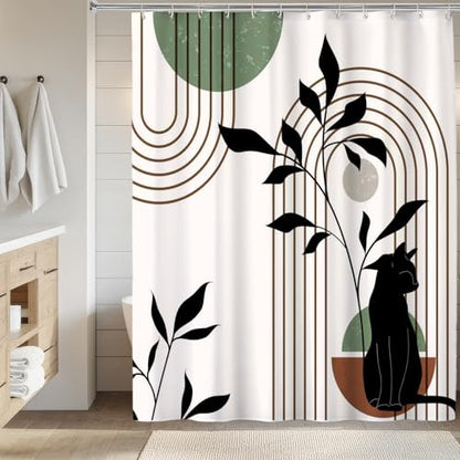 Mid Century Modern Shower Curtain, Minimalist Boho Chic Cat with Leaves Shower Curtains for Bathroom, Sage Green Black Waterproof Polyester Fabric Shower Curtain Set with Hooks, 72 x 72 inches - color: Brown Black