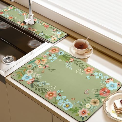 19.5" x 12" Dish Drying Mat & 24" x 5.5" Sink Splash Guard, Super Absorbent Drainer Rack Mat for Kitchen Counter Coffee Bar - color: 02Green, size: 19.5"*12"+24"*5.5"