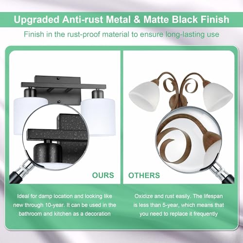 Black Bathroom Light Fixtures Over Mirror, 2-Light Vanity Lights | Anti-Rust Wall Sconces 12 Inches, E26 Standard Socket, Milky White Glass Shades, Easy Installation, Bulbs Not Included - color: Black-2 Light