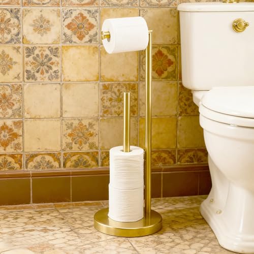 Toilet Paper Roll Holder Stand, NEWRAIN Bathroom Free Standing Toilet Tissue Paper Roll Holder Stand with Reserve Function,Brushed Gold - color: Brushed Gold