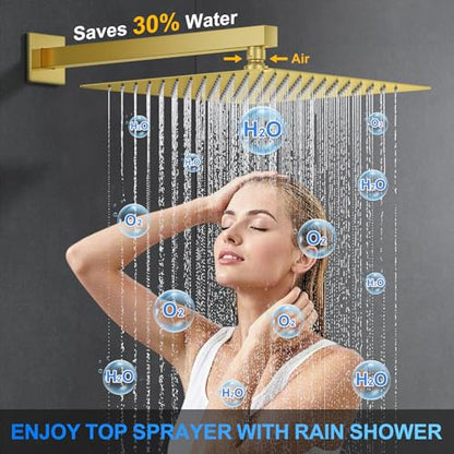 Woindo Shower Faucet Set, 12" Wall Mount Rainfall Shower System with 2 Rain Shower Head and Multi-function Handheld Head Push Button Diverter Shower Faucet Trim Kit - color: Brushed Gold, style: 12"-Wall-01