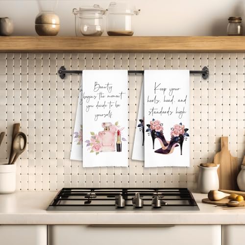 Pink and Black Bathroom Hand Towels, Girly Bathroom Decor, Pink Floral Perfume High Heels Decorative Hand Towels for Vanity Powder Room Washroom Restroom, 16x24 Inch Set of 2