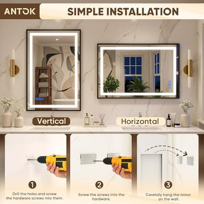 Antok 60X36 LED Bathroom Mirror with Lights, Vanity Mirror for Wall with Black Frame, Touch Control, Anti-Fog, Dimmable Lights, Shatter-Proof, Memory Function, Wall-Mounted Vanity Mirrors - size: 60"L x 36"W