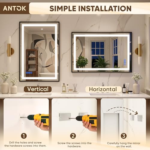 Antok 48X36 LED Bathroom Mirror with Lights, Vanity Mirror for Wall with Black Frame, Touch Control, Anti-Fog, Dimmable Lights, Shatter-Proof, Memory Function, Wall-Mounted Vanity Mirrors - size: 48"L x 36"W
