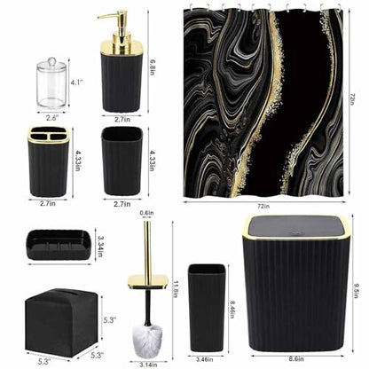 Bathroom Accessories Set - 21PCS Black Bathroom Set with Shower Curtain, Rugs, Trash Can, Soap Dispenser, Soap Dish, Toilet Brush, Toothbrush Holder, Tumbler Cup, Tissue Box, Q-tip Holders - size: Bath Set+Shower Curtain+Q-tip Holders+Tissue Box