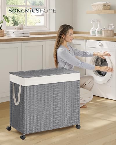 SONGMICS HOME Laundry Hamper with 3 Section, 140 L, Rattan, with Wheels | Rolling Clothes Basket with Lid, Removable Liner with Handles, Gray and Black, PEZZO Collection ULCB602G01 - color: Dove Gray + Matte White, size: 140 L