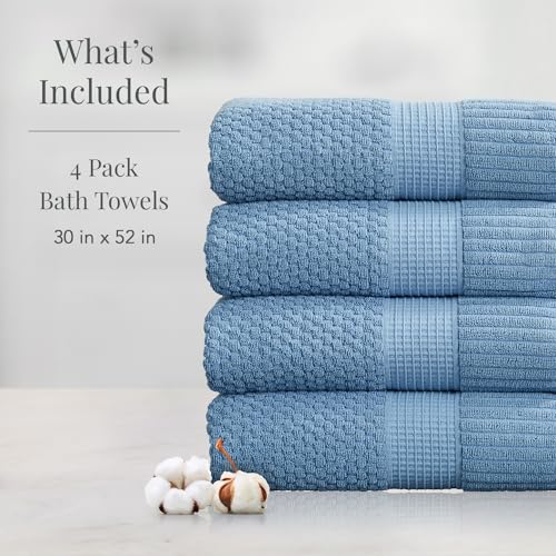 NY Loft 100% Cotton 4-Pack Bath Towel Set | Blue | Oeko-TEX | Quick-Dry | Four 30" x 52" Bath Towels | Super Absorbent | Designer-Styled Texture - color: Blue Shadow, size: Bath Towel (4 Pack)