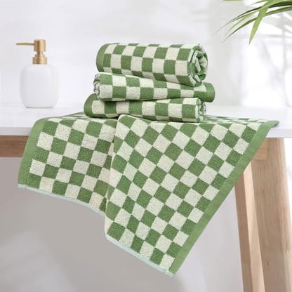 Wash Cloths Checkered 4 Pack (Green) - Cotton Washcloths for Face Body | 13 x 13 Inches Daily Cleansing Kitchen Towels - color: Green