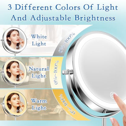 Vanity Mirror with Lights 7" Rechargeable 1x/10x Lighted Makeup Mirror Adjustable Height Double Sided Mirror with Lights 360°Rotating Makeup Mirror