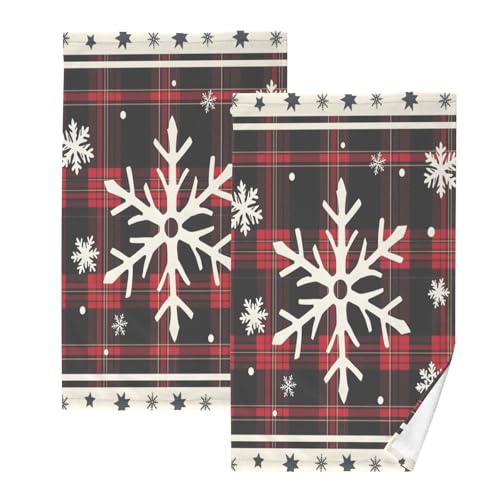 Christmas Snowflake Hand Towels for Bathroom Set of 2 Red Black Plaid Fingertip Towels Face Towels,Cotton Soft Absorbent Bath Towels Winter Hand Bath Towel 16x28in - color: Snowflake Red Black Plaid