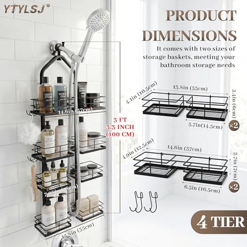 4-Tier Hanging Shower Caddy for Handheld Showerhead, Heavy-Duty Stainless Steel with Dual-Rotating Clamp, Matte Black - color: 4 Tier-Black