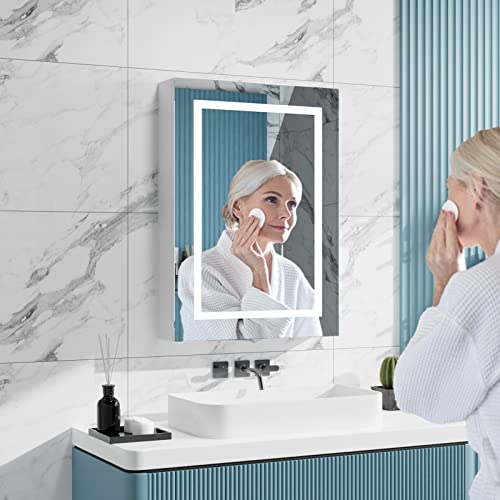 20" x 28" Bathroom Medicine Cabinet with Mirror,Medicine Cabinets with Large Storage,Single Door LED Bathroom Wall Cabinet with Shelves,Dimmer and Anti-Fog