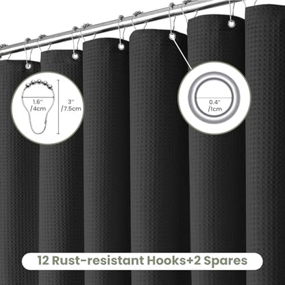 Inhousolu Fabric Shower Curtain, Waffle Weave 230 GSM Polyester, Weighted Hem, Metal Hooks Included, Water Repellent Washable, 72 x 84 Inch, Black - color: Black, size: 72"W x 84"L (Pack of 1)