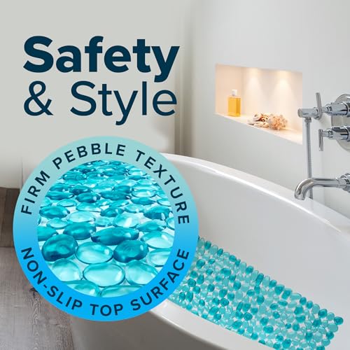 SlipX Solutions 38"x17" Pebble Non Slip Mat for Bath & Shower, Aqua | Foot Massaging Accupressure Bathtub Mat, River Rock Look, 188 Suction Cups, Machine Washable - color: Aqua