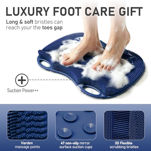 Shower Foot Scrubber Mat Large 2.0- Silicone Feet Toes Massage Exfoliate Cleaner Pad Long Brush Without Bending Non-Slip Suction Cups in Shower Floor Bathtub Foot Relax Spa 17.4 * 13" Navy Blue - color: 17.4*13.4" Navy Blue