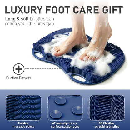 Shower Foot Scrubber Mat Large 2.0- Silicone Feet Toes Massage Exfoliate Cleaner Pad Long Brush Without Bending Non-Slip Suction Cups in Shower Floor Bathtub Foot Relax Spa 17.4 * 13" Navy Blue - color: 17.4*13.4" Navy Blue