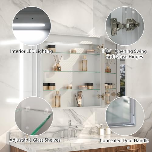 30x30" Wall-Mounted LED Bathroom Medicine Cabinet, Anti-Fog, 3 Color Temp | Surface-Mount/Recessed, Double-Sided Mirror Cabinet with DTC Silent-Close Hinges, Adjustable Tempered Glass Shelf - size: 30W x 30H Inch