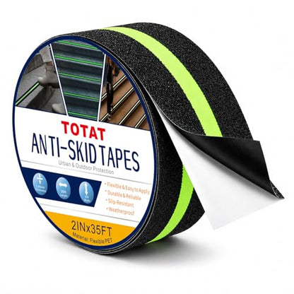 Glow in Dark Anti Slip Tape, 2" x35FT Heavy Duty Waterproof Safety Grip Tape for Stairs, Pool, Bathroom - Black & Glow Stripe Indoor/Outdoor Multi-Purpose Traction Tape - size: 2IN x 35FT