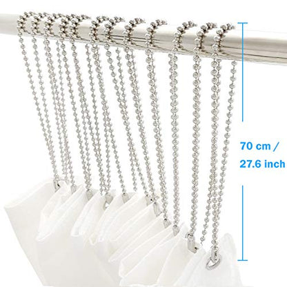 Stainless Steel Shower Curtain Hooks, 55 Inch Ball Chain Design, 12 Pack Rust-Resistant Metal Curtain Rings for Bathroom Rods, Heavy Duty 4.5mm Shower Curtain Hangers - color: Stainless Steel