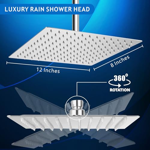 Voolan Rain Shower Head - High Flow Large Rainfall Shower Heads Made of Stainless Steel - Waterfall Bathroom Square Showerhead - Ceiling or Wall Mount (12 * 8 Inch Rectangle, Chrome) - color: Chrome, size: 12*8 Inch Rectangle