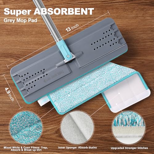 JOYMOOP Flat Mop, Microfiber Floor Cleaner with 60" Long Handle and Flexible 13" Head, Grey & Cyan Blue - color: Grey & Cyan Blue, size: 60" Mop with 13" Mop-head