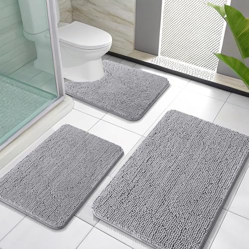 OLANLY Chenille Bathroom Rugs Sets 3 Piece, 30"x20"+24"x16"+24"x20", Grey | Soft Absorbent Bath Mat and U-Shaped Contour Toilet Rug Set, Quick Dry, Machine Washable Bath Carpet, Home Decor Accessories - color: Grey, size: 30" X 20" + 24" X 16" + U24" X 20