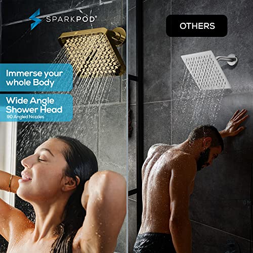 SparkPod Rain Shower Head, 8 Inch Square, Egyptian Gold Finish | High Pressure Shower Heads, 90 Nozzles, Adjustable Showerhead, No Tools Needed, Universal Connection - color: Egyptian Gold, style: 8 Inch Square
