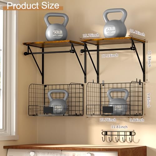 Laundry Room Shelves Wall Mounted with Wire Baskets, Over the Washer and Dryer Shelf with Clothes Drying Rack, Wire Shelves Baskets for Laundry Closet Organization and Storage, Wood+Metal, Black - color: Black