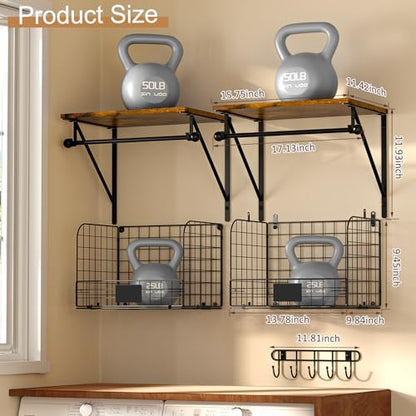 Laundry Room Shelves Wall Mounted with Wire Baskets, Over the Washer and Dryer Shelf with Clothes Drying Rack, Wire Shelves Baskets for Laundry Closet Organization and Storage, Wood+Metal, Black - color: Black