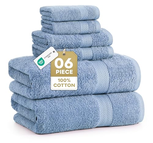 LANE LINEN 100% Cotton Bath Towels 6 Piece Set - Super Soft, Quick Dry & Absorbent - 2 Bath, 2 Washcloths, 2 Hand Towels for Bathroom - Hotel Quality, Minimal Lint after 3 Washes - Cerulean Blue - color: 07: Cerulean Blue