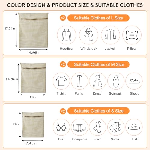 6-Piece Bag, Durable Cotton Mesh Laundry Bag, Sturdy Zipper, Breathable Mesh, Exquisite Laundry Bag for Underwear, Clothes, Pants, Shoes and Socks - color: Beige