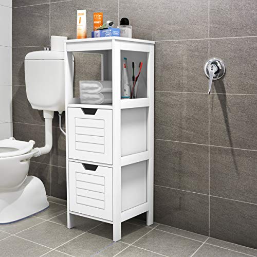 Tangkula Bathroom Floor Cabinet, Narrow Wooden Storage Cabinet w/2 Switchable Drawers, Freestanding Small Cabinet for Small Spaces, 12 x 12 35 Inch (White) - color: White