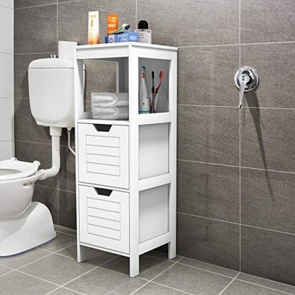 Tangkula Bathroom Floor Cabinet, Narrow Wooden Storage Cabinet w/2 Switchable Drawers, Freestanding Small Cabinet for Small Spaces, 12 x 12 35 Inch (White) - color: White