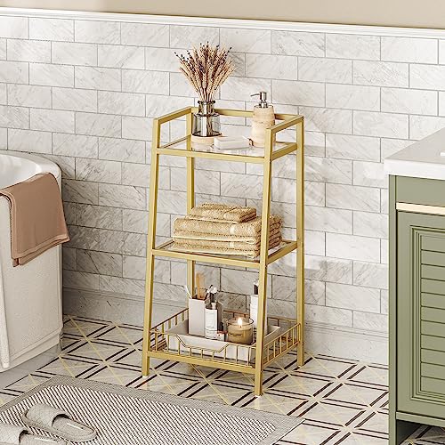 HOOBRO Gold Glass Shelf Stand, 3 Tier Standing Shelf Unit, Bathroom Organizer and Storage, Floor Storage Shelves Waterproof, for Bathroom, Laundry, Toilet, Tempered Glass, Gold GD77CJ01 - size: 15" L x 11.8" W x 30.3" H