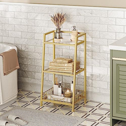 HOOBRO Gold Glass Shelf Stand, 3 Tier Standing Shelf Unit, Bathroom Organizer and Storage, Floor Storage Shelves Waterproof, for Bathroom, Laundry, Toilet, Tempered Glass, Gold GD77CJ01 - size: 15" L x 11.8" W x 30.3" H