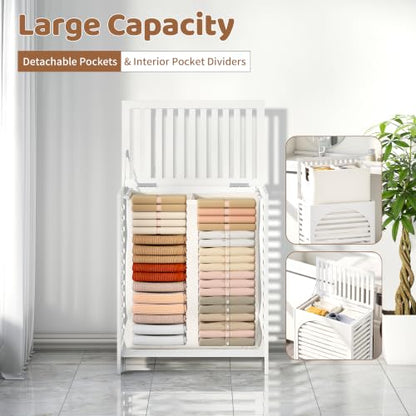 Laundry Hamper with Lid, Bamboo with Handles and Removable Liner Bag, 125L Laundry Basket for Bedroom, Bathroom & Laundry Room (White) - color: White