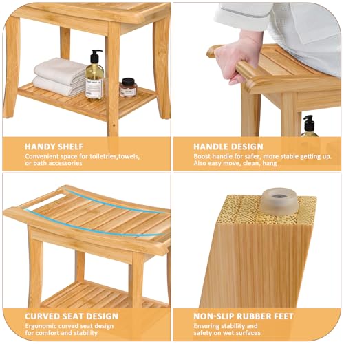 Small Bamboo Shower Bench, Non-Slip Bathroom Chair, Tub Side Bath Stool | Waterproof Spa Bench for Inside Shower, Storage Shelf & Safety Handle Design, Ideal for Elderly, Supports 300 lbs, Nature - size: 24 x 13.4 x 18.5 inches+Beige