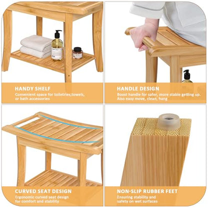 Small Bamboo Shower Bench, Non-Slip Bathroom Chair, Tub Side Bath Stool | Waterproof Spa Bench for Inside Shower, Storage Shelf & Safety Handle Design, Ideal for Elderly, Supports 300 lbs, Nature - size: 24 x 13.4 x 18.5 inches+Beige