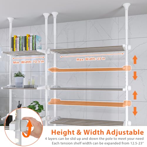 4-Tier Over The Toilet Storage Shelf, 4.5-9.5 FT Adjustable Bathroom Organizer, Heavy Duty Metal Shelves Above Behind Toilet Laundry, Space-Saving Shelving for Small Rooms, No Drill, White - color: White