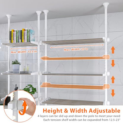 4-Tier Over The Toilet Storage Shelf, 4.5-9.5 FT Adjustable Bathroom Organizer, Heavy Duty Metal Shelves Above Behind Toilet Laundry, Space-Saving Shelving for Small Rooms, No Drill, White - color: White